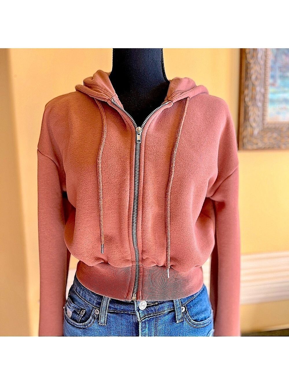 Forever 21 Cropped Full Zip Hoodie Mocha Brown